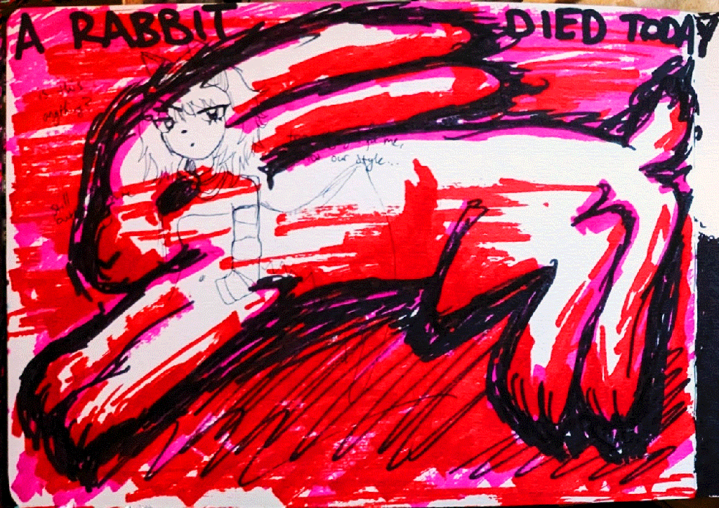a blood-covered white rabbit hopping around