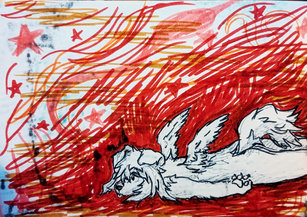 a furry angel laying on its front. it stares forward, a nothing expression on its face.