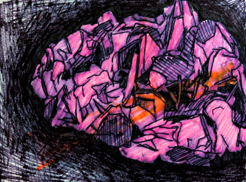 drawing of a small meteorite i saw in a museum, coloured pink since i didn't have any other colours on me