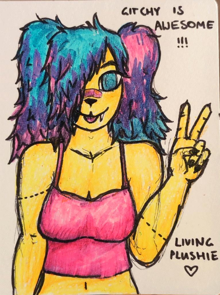 rabbit furry with split-dyed cyan and magenta hair, smiling and sticking its tongue out