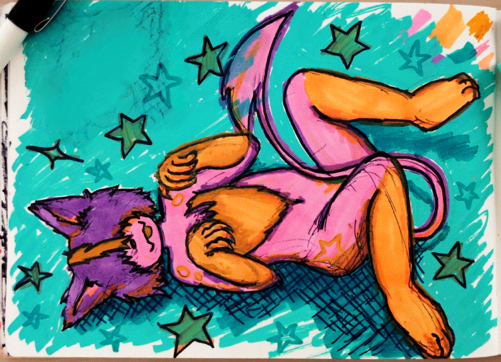 a pink and orange furry laying on the ground, doing doggy paws