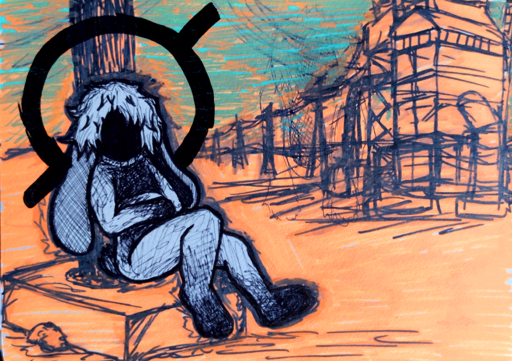 my OC null leaning against a pole in front of an abandoned factory.