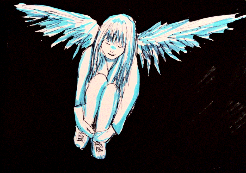 an angel girl smiling with her eyes closed. she's sitting on the floor, knees pulled in, and looking blissful.