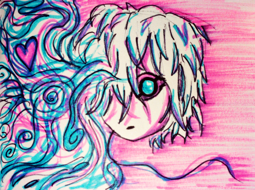 spirals and hearts and other abstract shapes flowing out the side of a person's face.